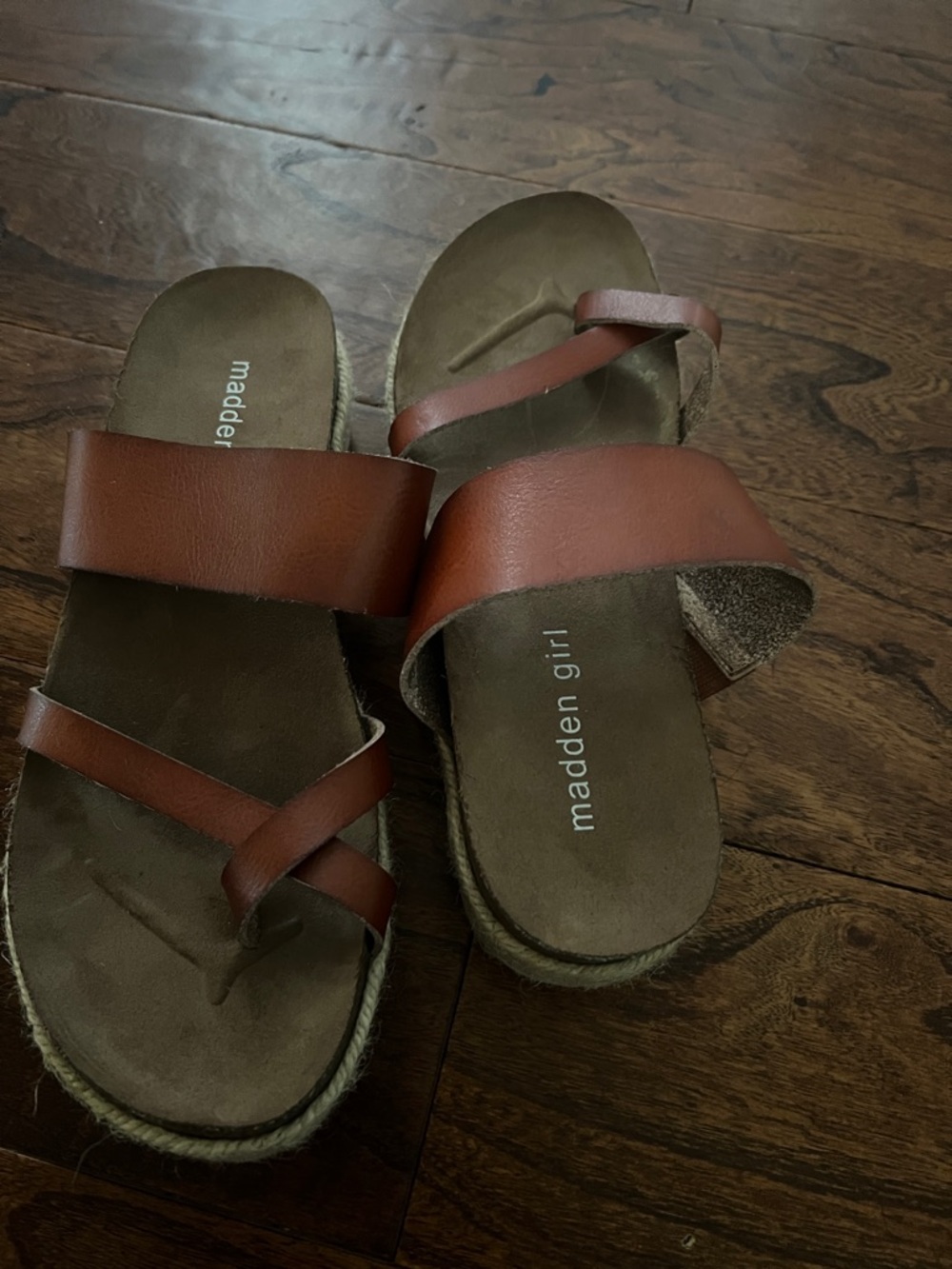 Madden Girl Cognac Brown Multi-Strap Slide Sandals